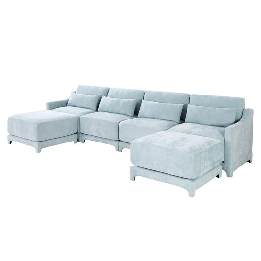 Elegant Four-Seater Sofa with Movable Ottoman and Lumbar Pillow in Sky Blue Chenille with Solid Wood Frame