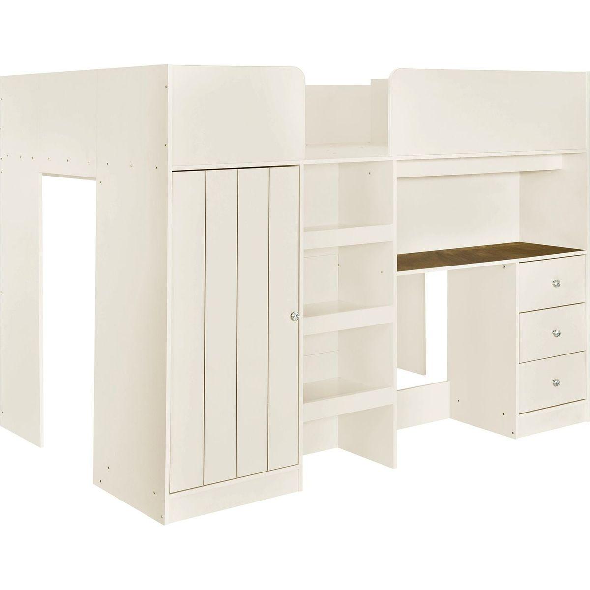 Wood Full Size Loft Bed with Built-in Wardrobe, Desk, Storage Shelves and Drawers, Beige
