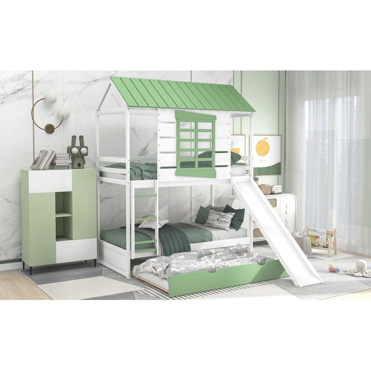 Twin over Twin Size House Bunk Bed with Convertible Slide and Trundle, White+Green