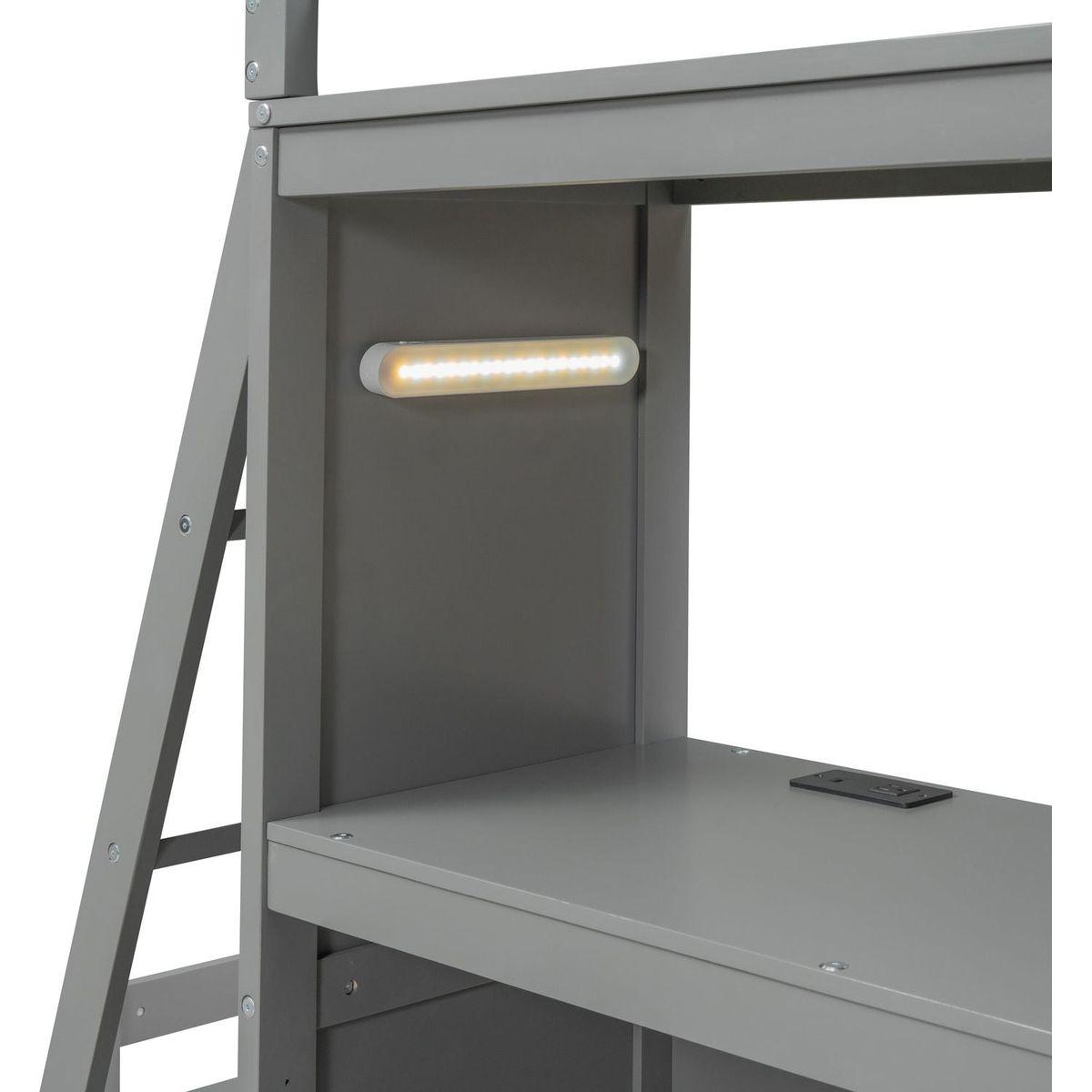 Twin over Twin Bunk Bed with LED Light and USB Ports, Gray