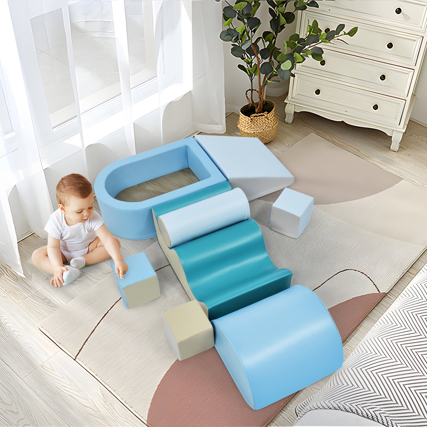 Soft Climb and Crawl Foam Playset 8 in 1, Safe Soft Foam Nugget Block for Infants, Preschools, Toddlers, Kids Crawling and Climbing Indoor Active Play Structure