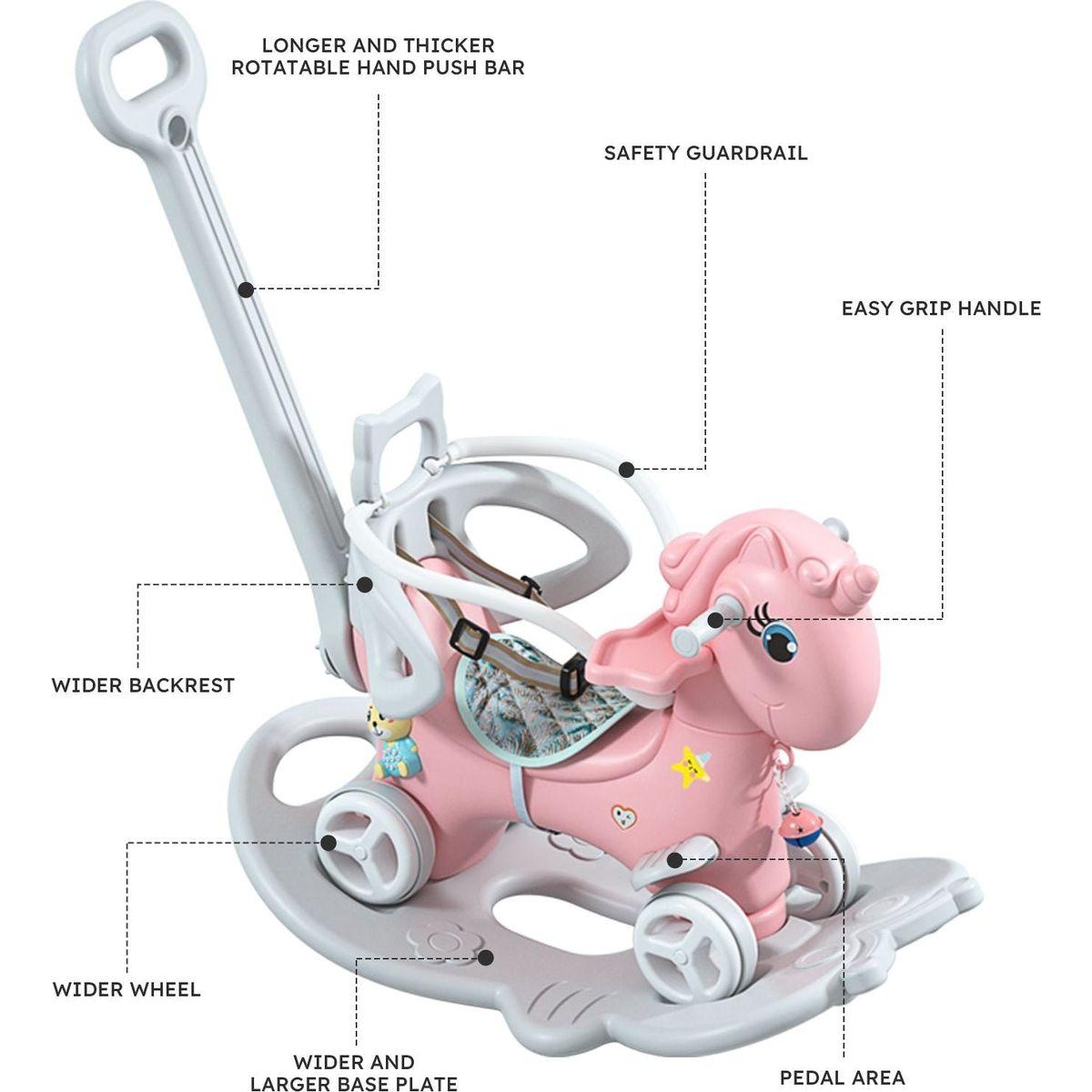 Rocking Horse for Toddlers, Balance Bike Ride On Toys with Push Handle, Backrest and Balance Board for Baby Girl and Boy, Unicorn Kids Pink Color