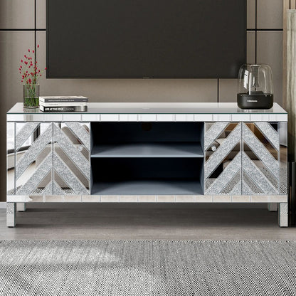 47 Inch Mirror TV Media Console with Diamond Glass Doors, Dual Door Design with Open Storage Space, Compatible with 50-Inch TVs, Modern Decor for Living Room & Bedroom