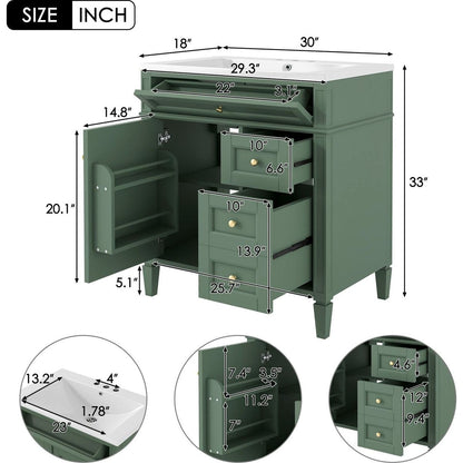 30" Bathroom Vanity with Top Sink, Modern Bathroom Storage Cabinet with 2 Drawers and a Tip-out Drawer, Single Sink Bathroom Vanity