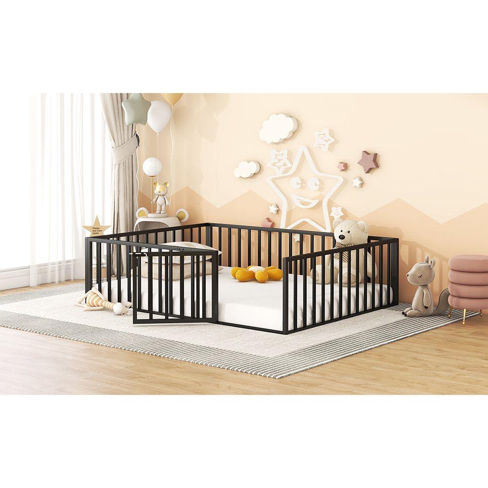 Queen Size Metal Floor Bed Frame with Fence and Door, Black