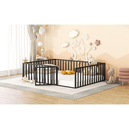 Queen Size Metal Floor Bed Frame with Fence and Door, Black