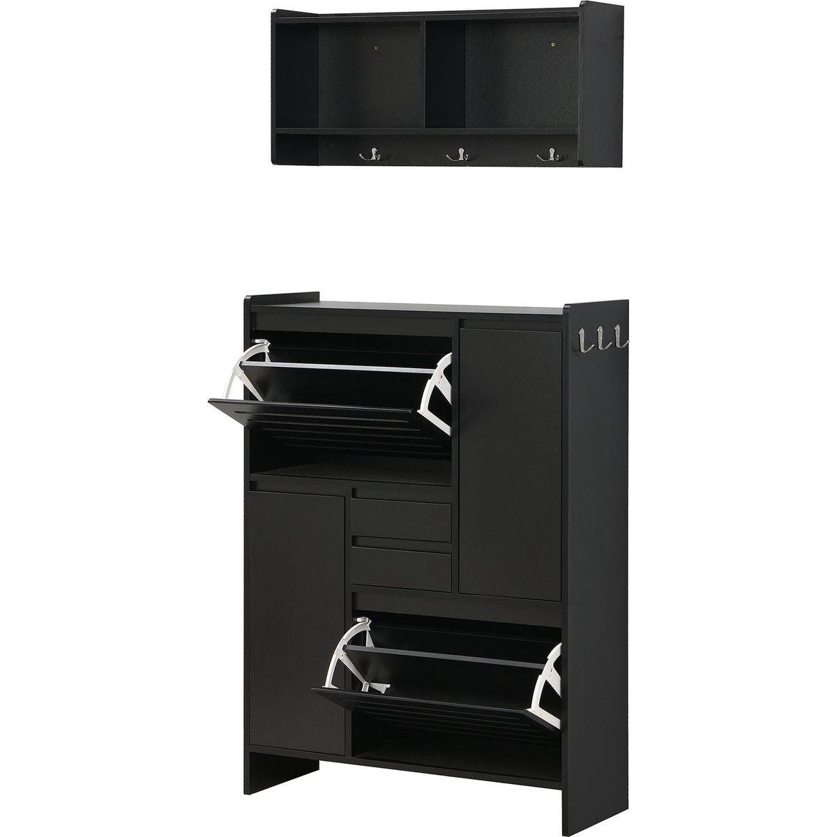 Multi-Functional Shoe Cabinet with Wall Cabinet, Space-saving Design Foyer Cabinet with 2 Flip Drawers, Versatile Side Cabinet for Hallway, Black