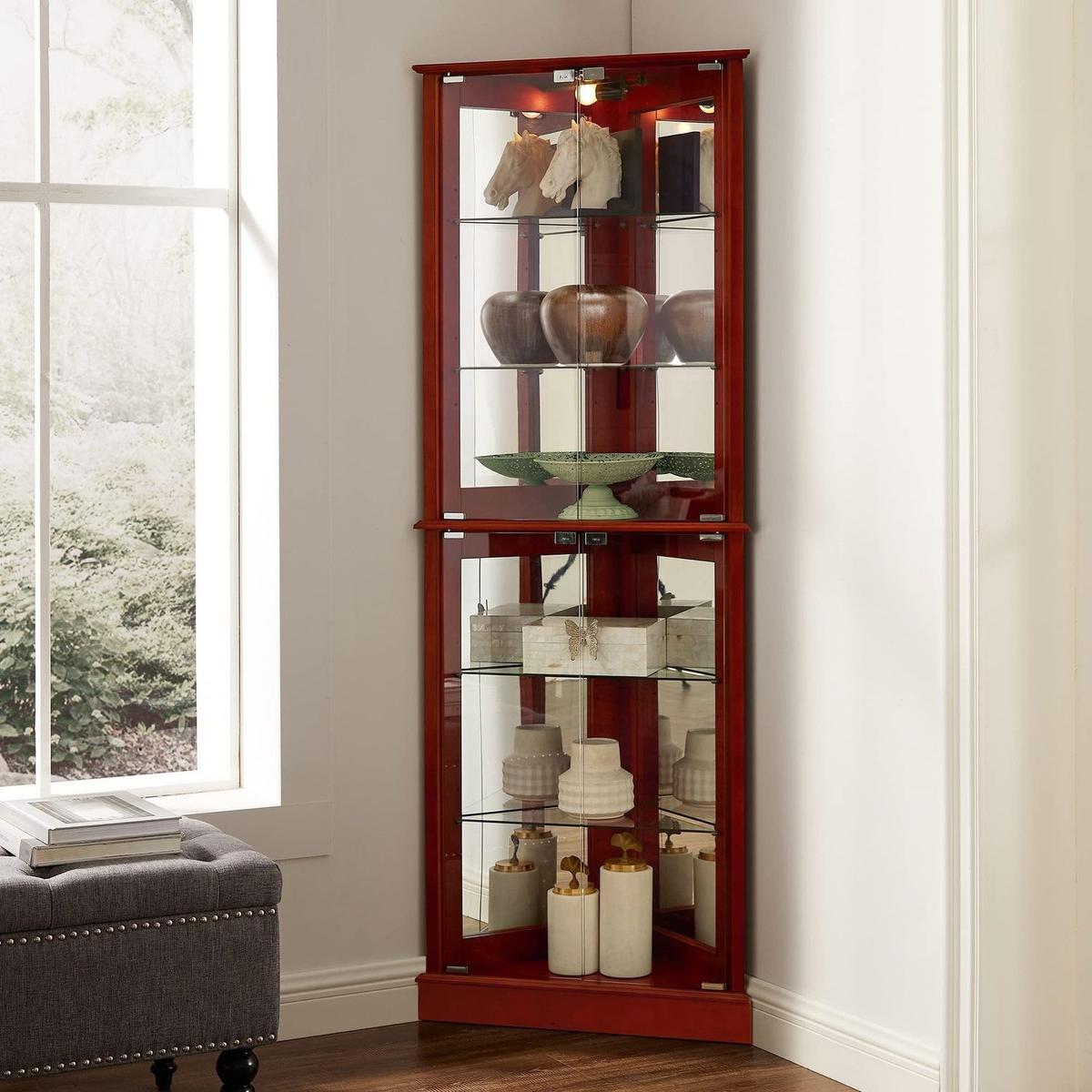 Corner Curio Dispaly Cabinet with Lights, Adjustable Tempered Glass Shelves, Mirrored Back,Cherry