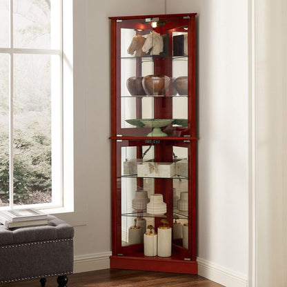 Corner Curio Dispaly Cabinet with Lights, Adjustable Tempered Glass Shelves, Mirrored Back,Cherry