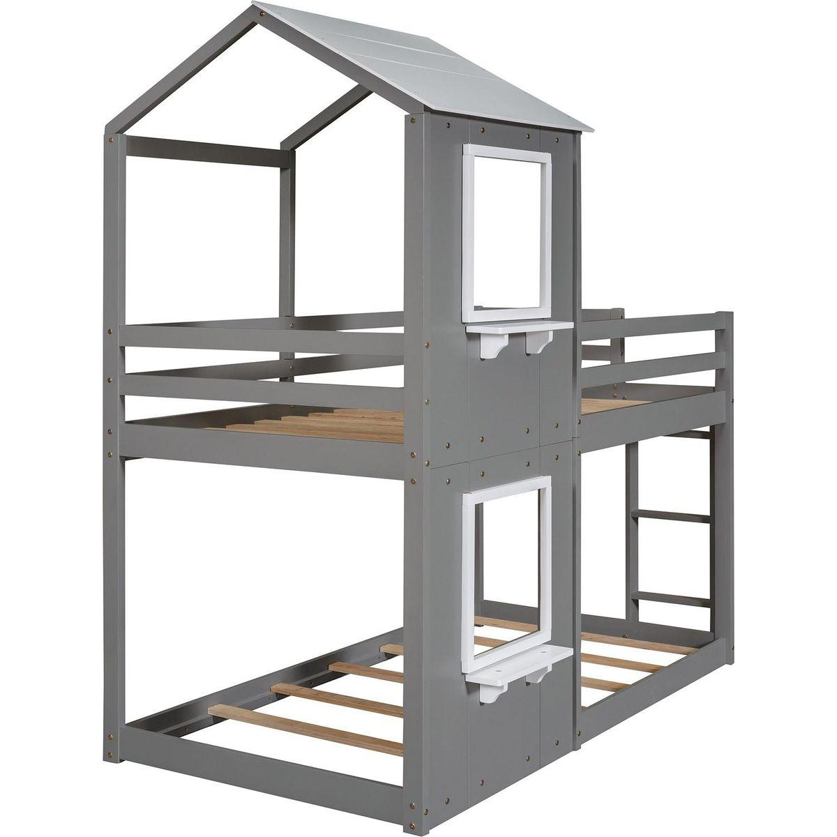 Twin Over Twin Bunk Bed Wood Bed with Roof, Window, Guardrail, Ladder (White)