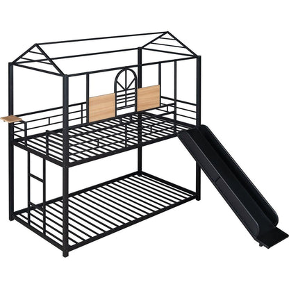 Twin Over Twin Metal Bunk Bed, Metal Housebed With Slide,Three Colors Available.(Black with Black Slide)