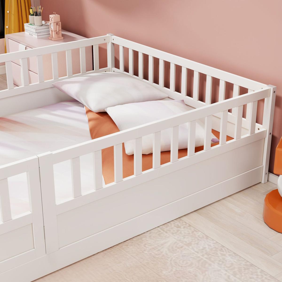 Full size Floor bed, integral construction with super high security barrier, door, children's floor bed frame, Montessori wooden children's floor bed, white - Streamdale Furniture