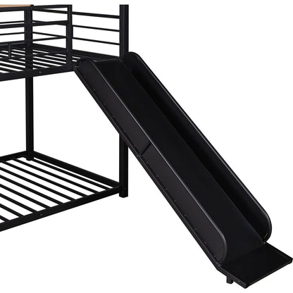 Twin Over Twin Metal Bunk Bed, Metal Housebed With Slide,Three Colors Available.(Black with Black Slide)