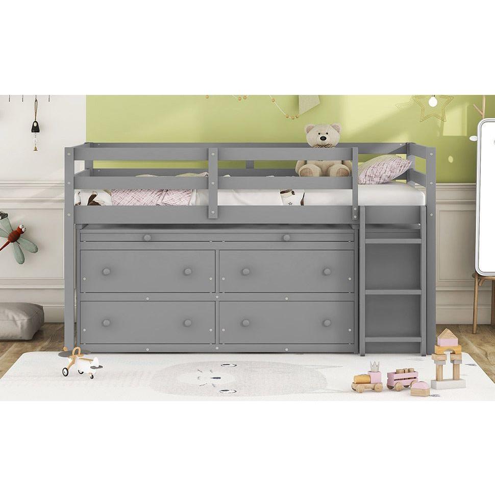 Twin Size Loft Bed with Retractable Writing Desk and 4 Drawers, Wooden Loft Bed with Lateral Portable Desk and Shelves, Gray