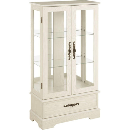 Glass Cabinet Lighted Glass Cabinet Curio Display Cabinet with Adjustable Glass Shelves 2 Doors and 1 drawer Cabinet Bulb Included White