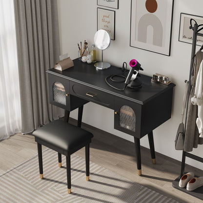 Elegant Vanity Makeup Table & Chair Set, Modern Dressing Table with Organizer, Writing Desk, Charging Port, Black