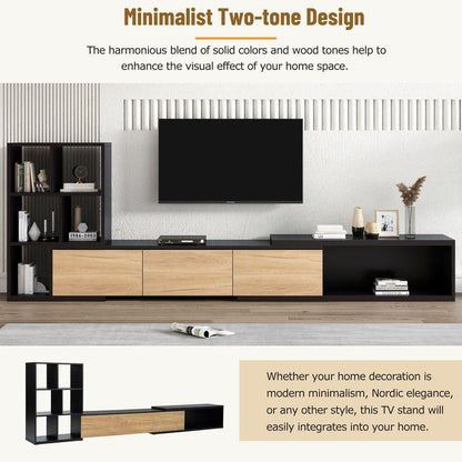 74.8"-126" Extendable TV Stand with 3 Tier Bookshelves for TVs up to 110", Adjustable Entertainment Center with Storage Cabinets, Sliding Tabletop Media Console for Living Room, Black