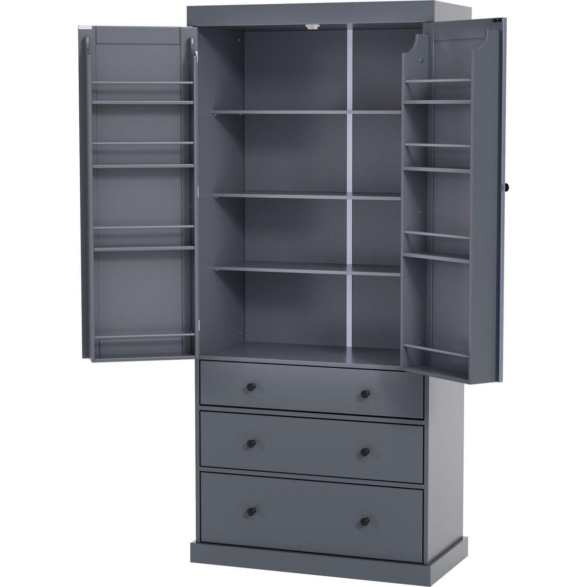 [Assembly Video Provided]77inch Farmhouse Kitchen Pantry, Freestanding Tall Cupboard Storage Cabinet with 3 Adjustable Shelves, 8 Door Shelves, 3 Drawers for Kitchen, Dining Room, Gray