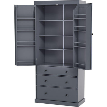 [Assembly Video Provided]77inch Farmhouse Kitchen Pantry, Freestanding Tall Cupboard Storage Cabinet with 3 Adjustable Shelves, 8 Door Shelves, 3 Drawers for Kitchen, Dining Room, Gray