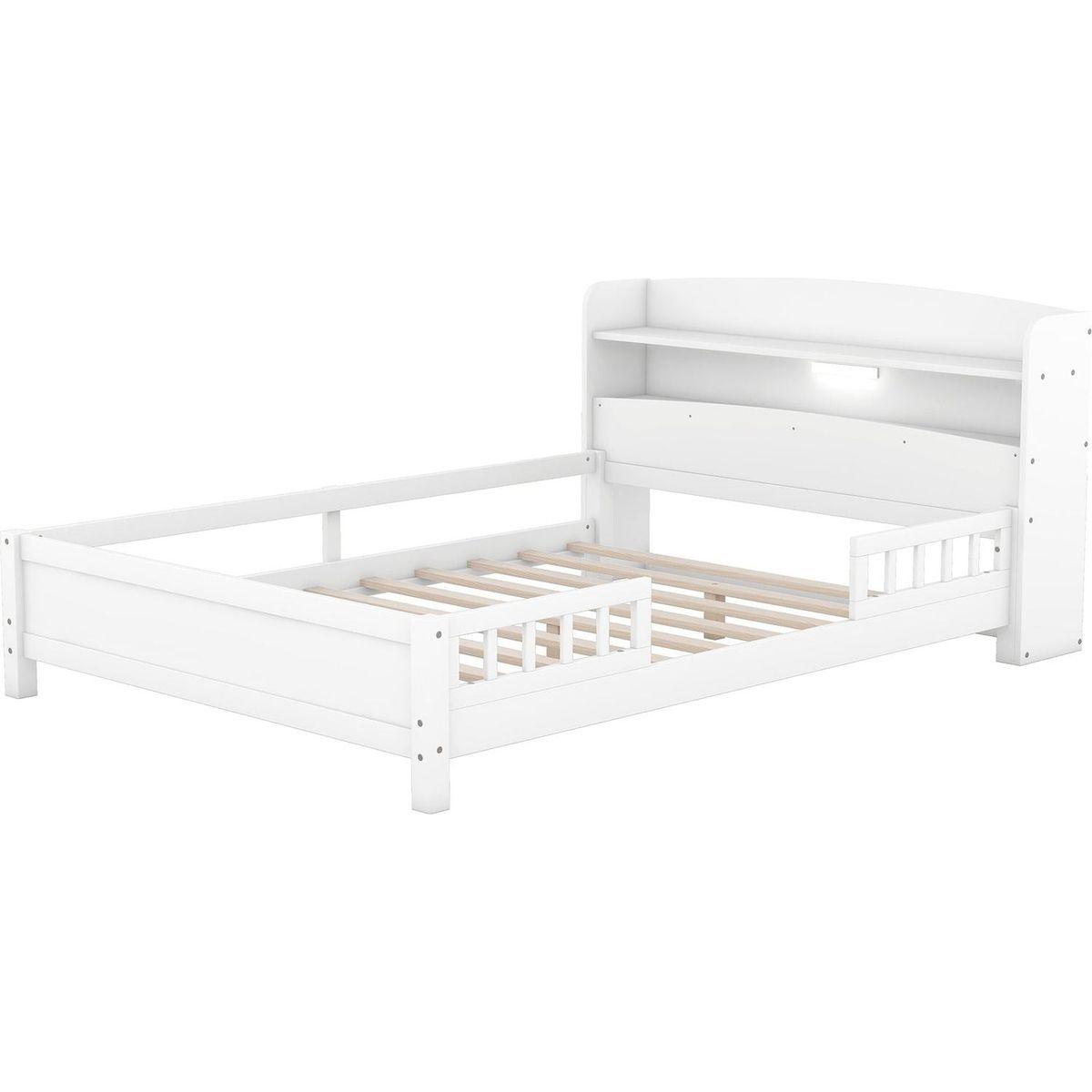 Wood Full Size Platform Bed with Built-in LED Light, Storage Headboard and Guardrail, White