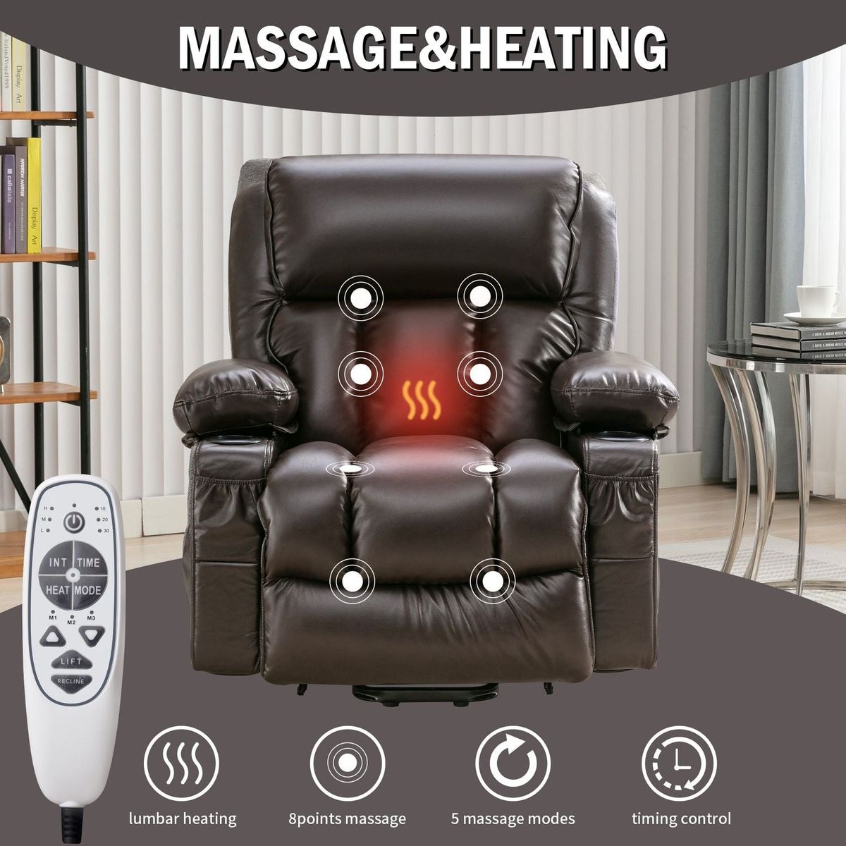 Power Lift Recliner Chair Recliners for Elderly with Heat and Massage Recliner Chair for Living Room with Infinite Position and Side Pocket,USB Charge Port.BROWN