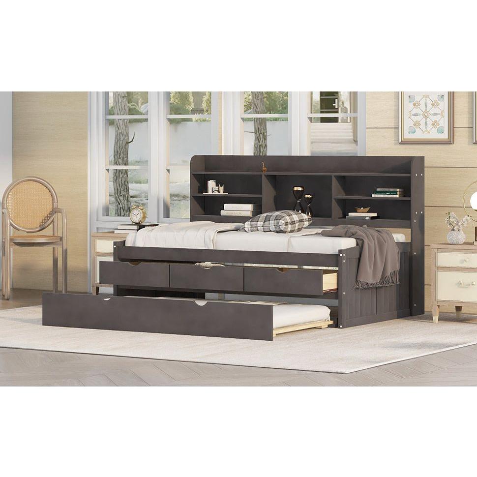 Twin Size Wooden Captain Bed with Built-in Bookshelves,Three Storage Drawers and Trundle,Antique Gray