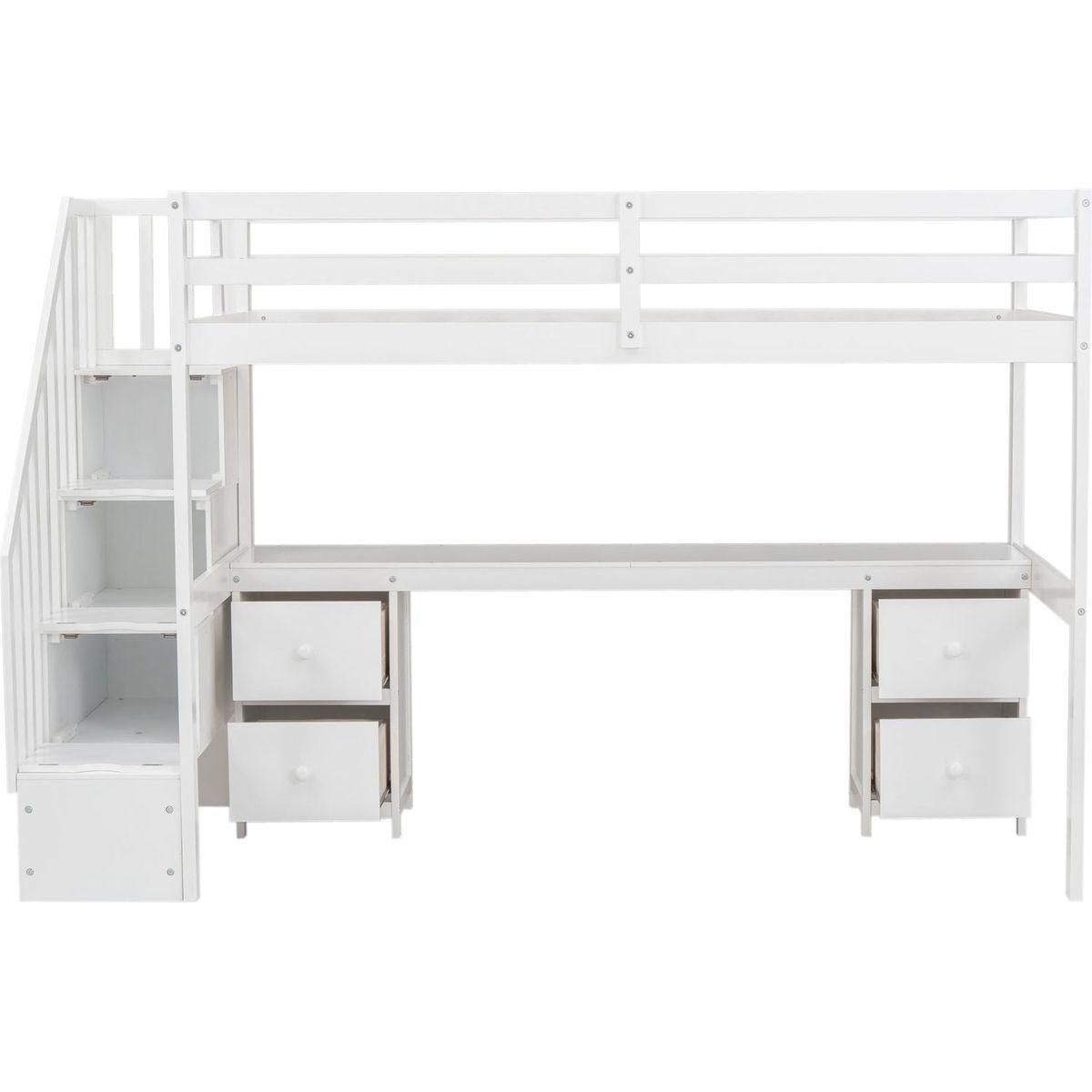 Twin Size Loft Bed Frame with Built-in Desk and Double Storage Drawers,White
