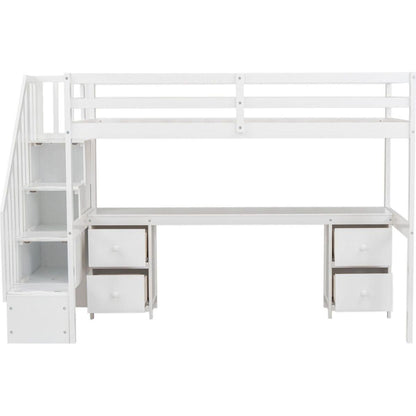 Twin Size Loft Bed Frame with Built-in Desk and Double Storage Drawers,White