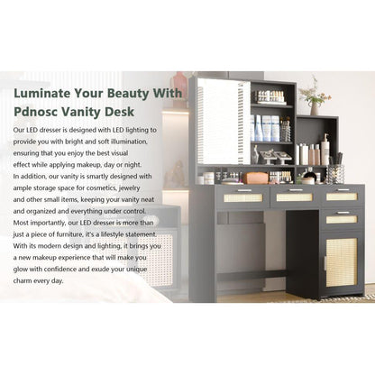 Makeup Vanity with Lights in 3 Colors & Openable Mirror, Vanity Desk with 4 Drawers & 1 Cabinets & Shelves, Vanity Table Rattan Vanity Dresser, for Bedroom