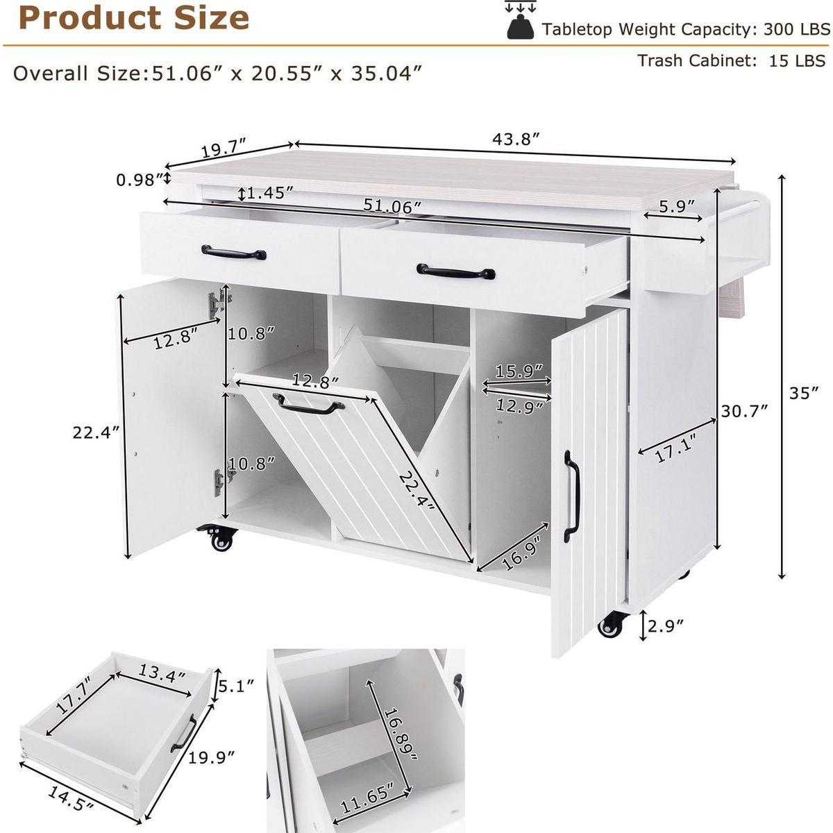Kitchen Island with Trash Can Storage Cabinet, Kitchen Cart with Drop Leaf, Spice Rack, Towel Rack and Drawer, Rolling Kitchen Island on Wheels with Adjustable Shelf, White