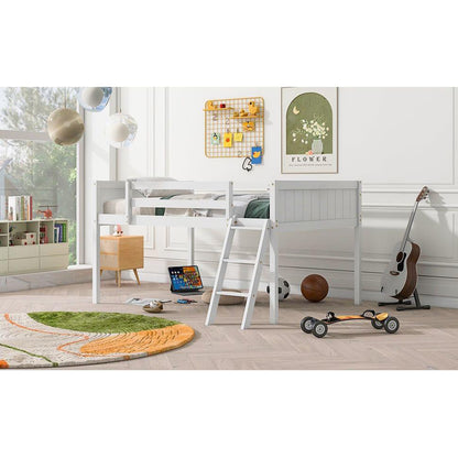 Full Size Wood Low Loft Bed with Ladder, ladder can be placed on the left or right, White(O