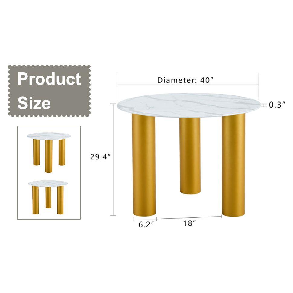 Round white dining table, artificial marble glass stickers, golden MDF legs, kitchen dining table, living room dining table 40 "x 40" x 29.4 "F-X03