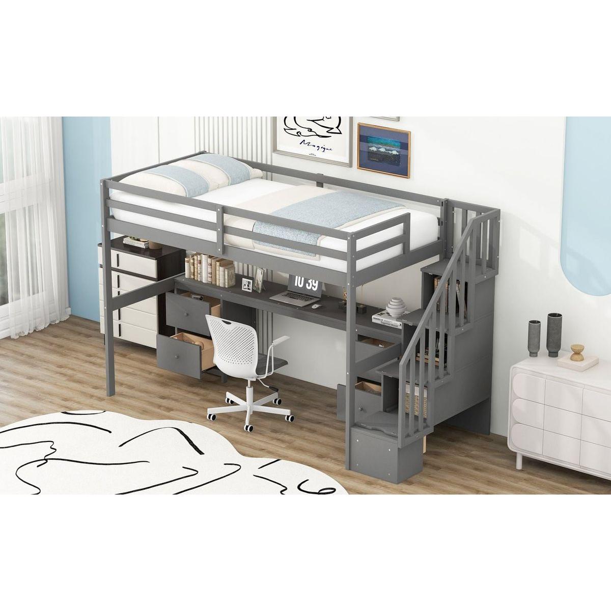 Twin Size Loft Bed Frame with Built-in Desk and Double Storage Drawers,Gray
