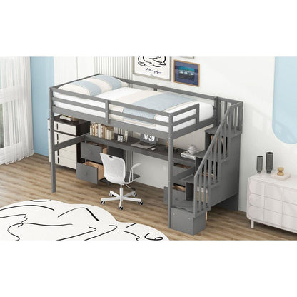 Twin Size Loft Bed Frame with Built-in Desk and Double Storage Drawers,Gray