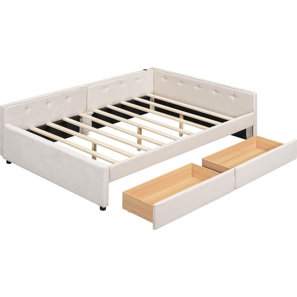 Full Size Upholstered Platform Bed with USB and 2 Drawers, Beige