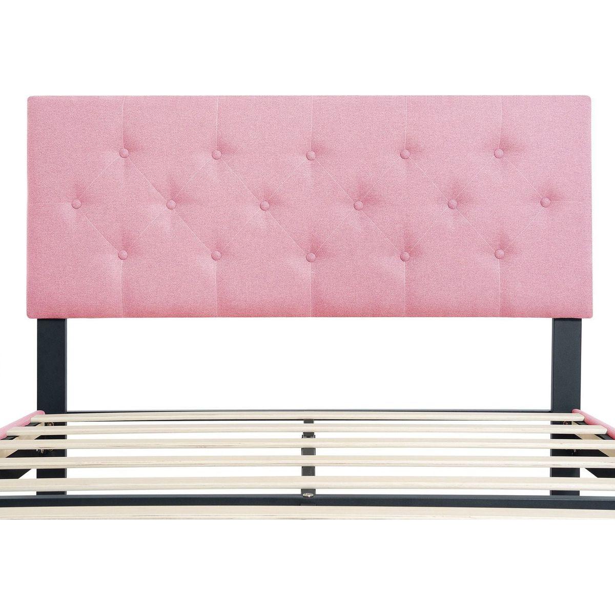Full Size Upholstered Platform Bed Frame with Modern Button Tufted Linen Fabric Headboard, No Box Spring Needed, Wood Slat Support, Easy Assembly, pink