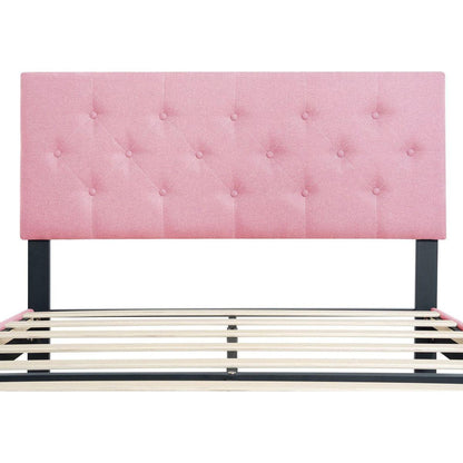 Full Size Upholstered Platform Bed Frame with Modern Button Tufted Linen Fabric Headboard, No Box Spring Needed, Wood Slat Support, Easy Assembly, pink