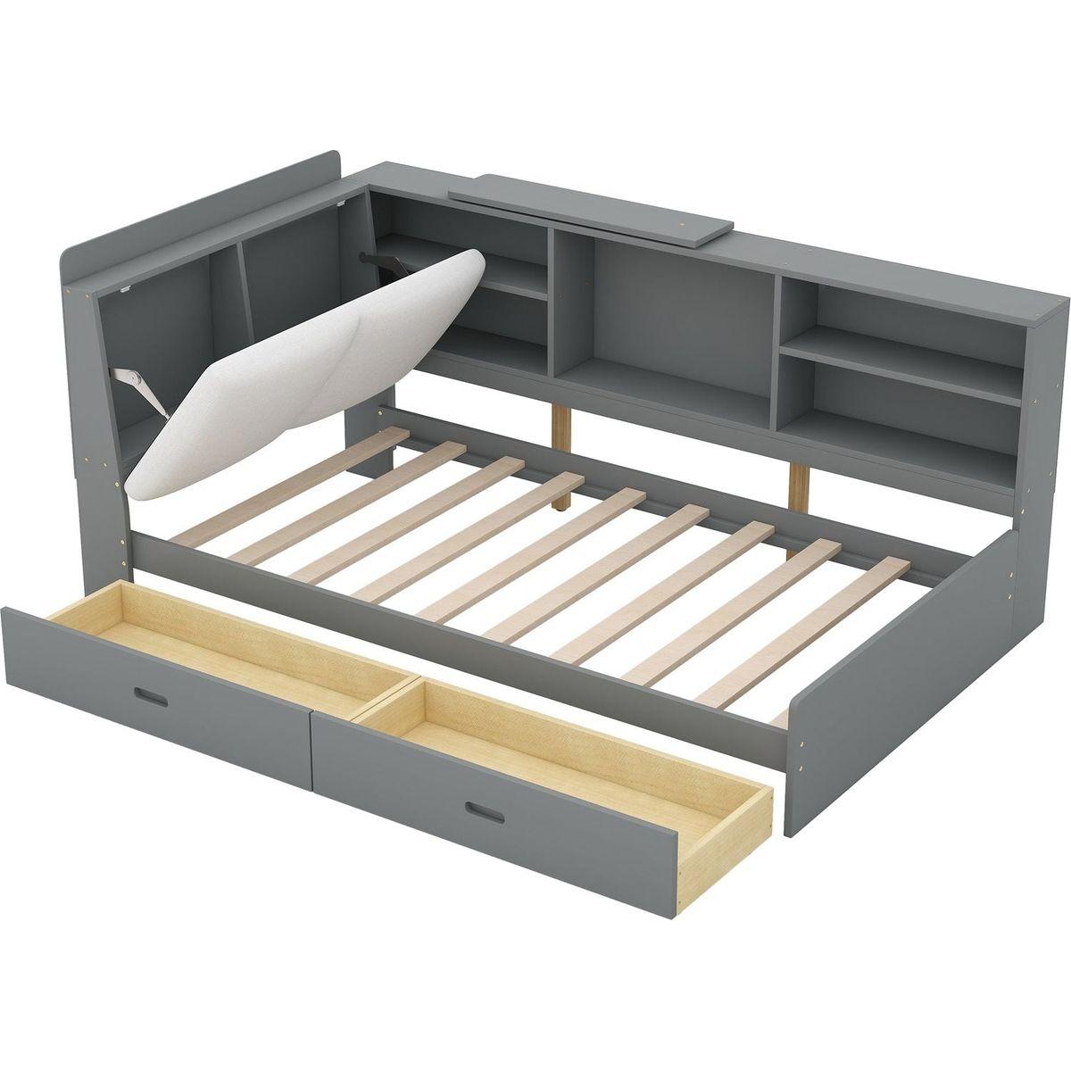Wood Twin Size platform bed with Storage Headboard, Shelves and 2 Drawers, Gray