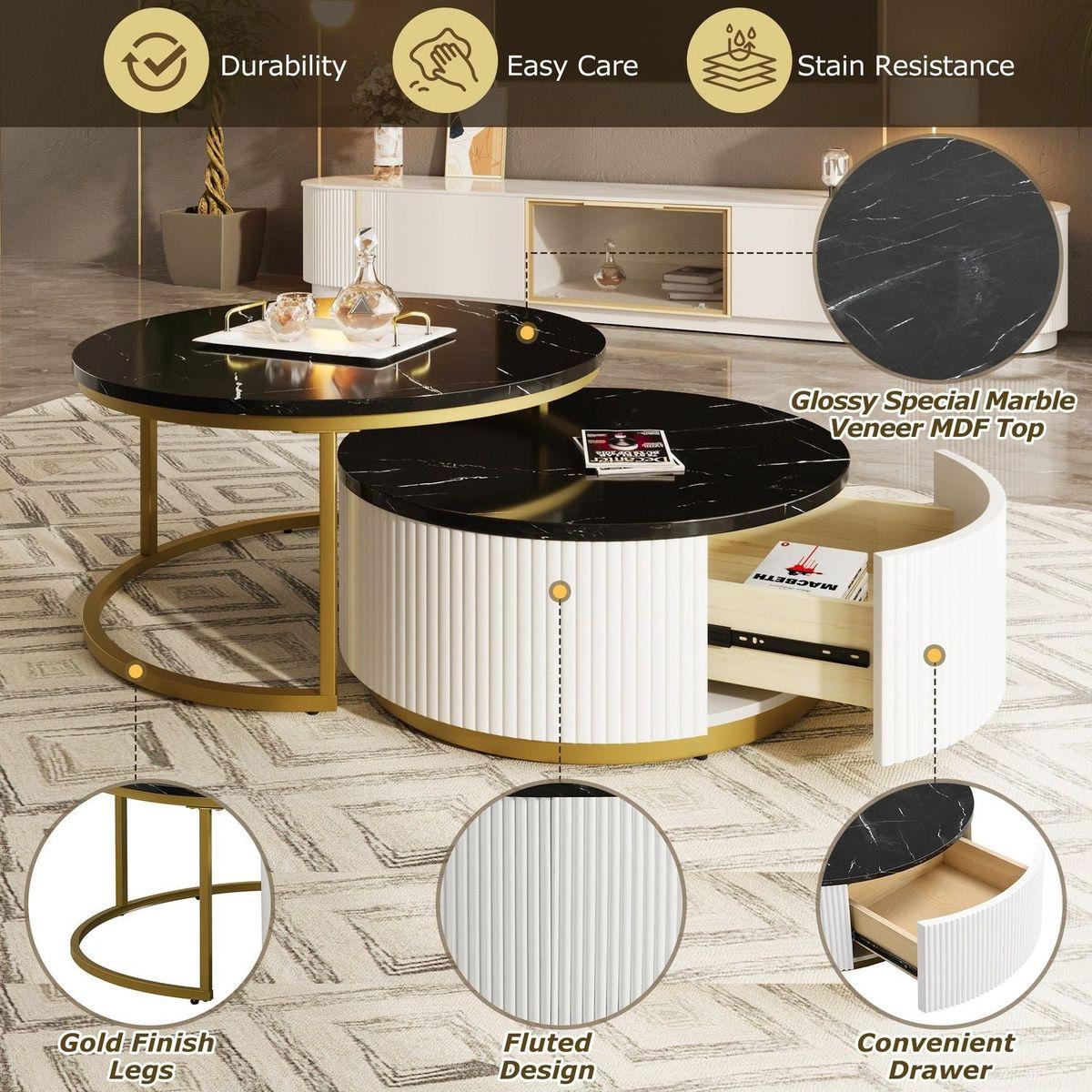 Modern Round Nesting Coffee Table Fluted with Drawer in Black & Gold in 31.5"