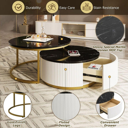 Modern Round Nesting Coffee Table Fluted with Drawer in Black & Gold in 31.5"