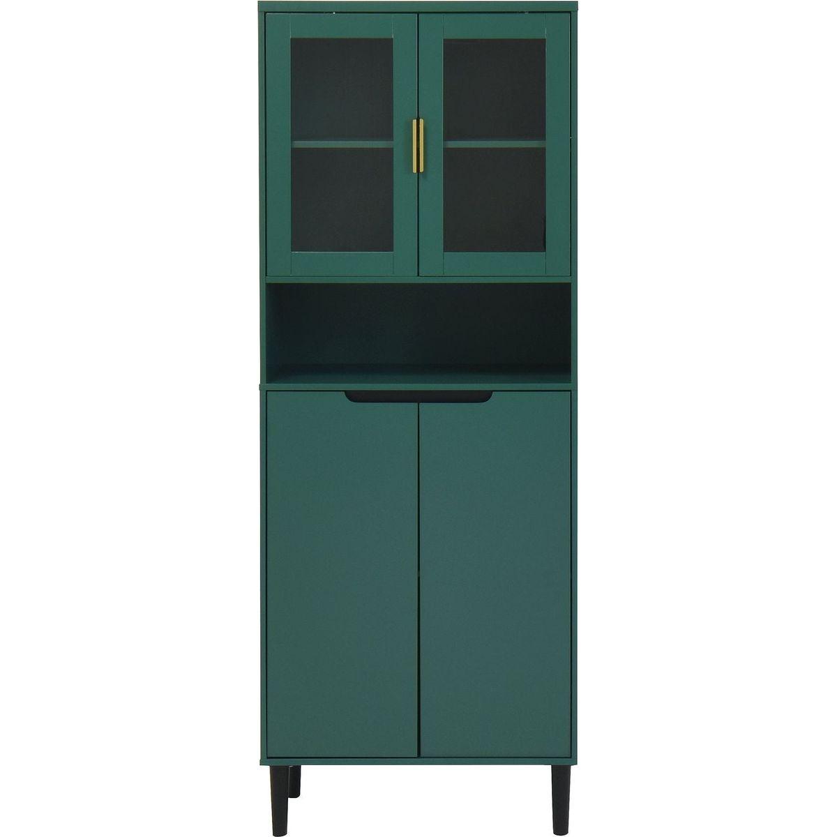 Tall Storage Show Cabinet with 2 Glass Display Door & 2 Doors, Tall Kitchen Pantry Cabinet with Gold Handles, Modern Cabinet Freestanding for Bathroom, Dining Living Room, Green