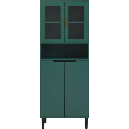 Tall Storage Show Cabinet with 2 Glass Display Door & 2 Doors, Tall Kitchen Pantry Cabinet with Gold Handles, Modern Cabinet Freestanding for Bathroom, Dining Living Room, Green