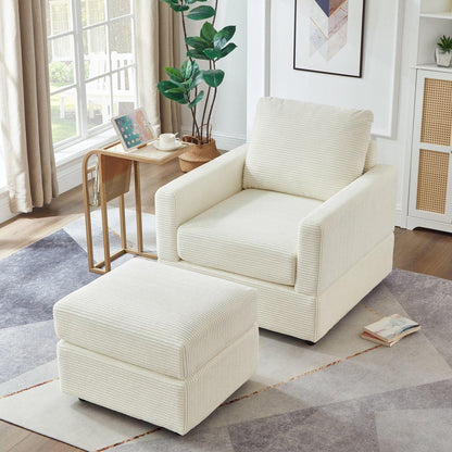 Classic Corduroy Chaise Lounge, Comfy Sofa Chaise Couch Chair, Upholstered Accent Chair with Ottoman for Living Room - Beige - Streamdale Furniture