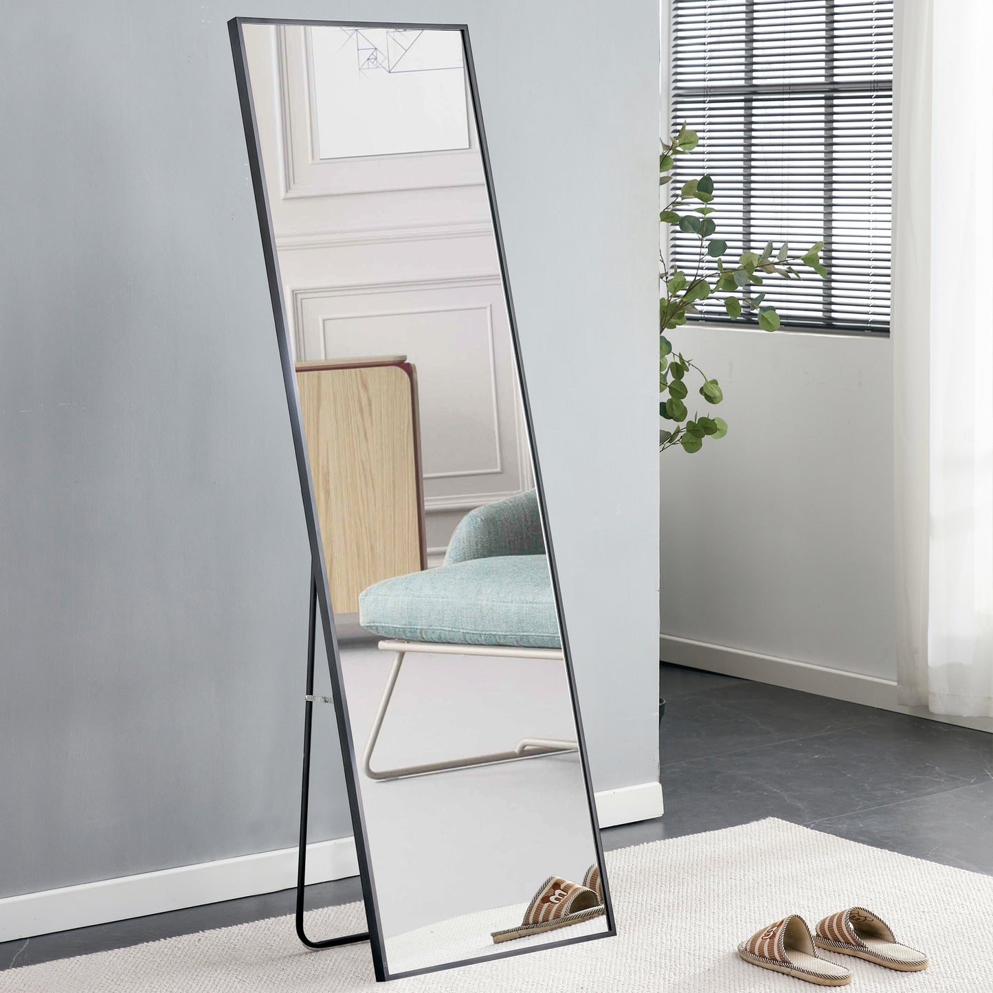 Aluminum alloy metal frame wall-mounted full-length mirror, Bathroom vanity mirror, bedroom porch, decorative mirror, clothing store, floor-to-ceiling mirror, black 65 x 23"