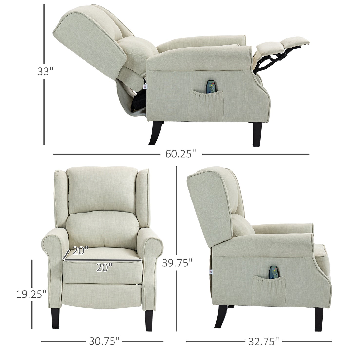 Vibration Massage Recliner Chair for Living Room with Heat, Wingback Single Sofa, Modern Linen Fabric Push Back Reclining Chair with Footrest, Side Pocket, White