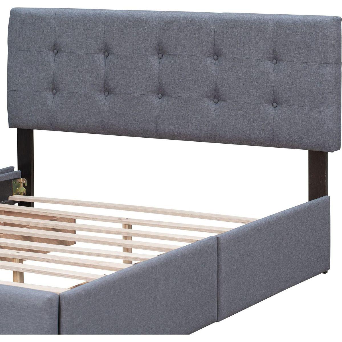Upholstered Platform Bed with Classic Headboard and 4 Drawers, No Box Spring Needed, Linen Fabric, Queen Size Dark gray