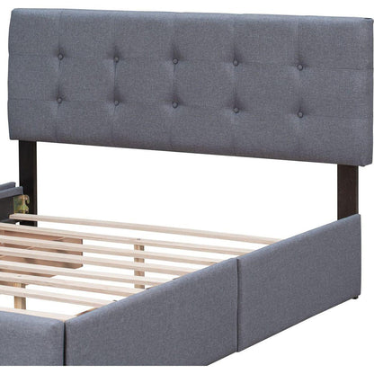 Upholstered Platform Bed with Classic Headboard and 4 Drawers, No Box Spring Needed, Linen Fabric, Queen Size Dark gray