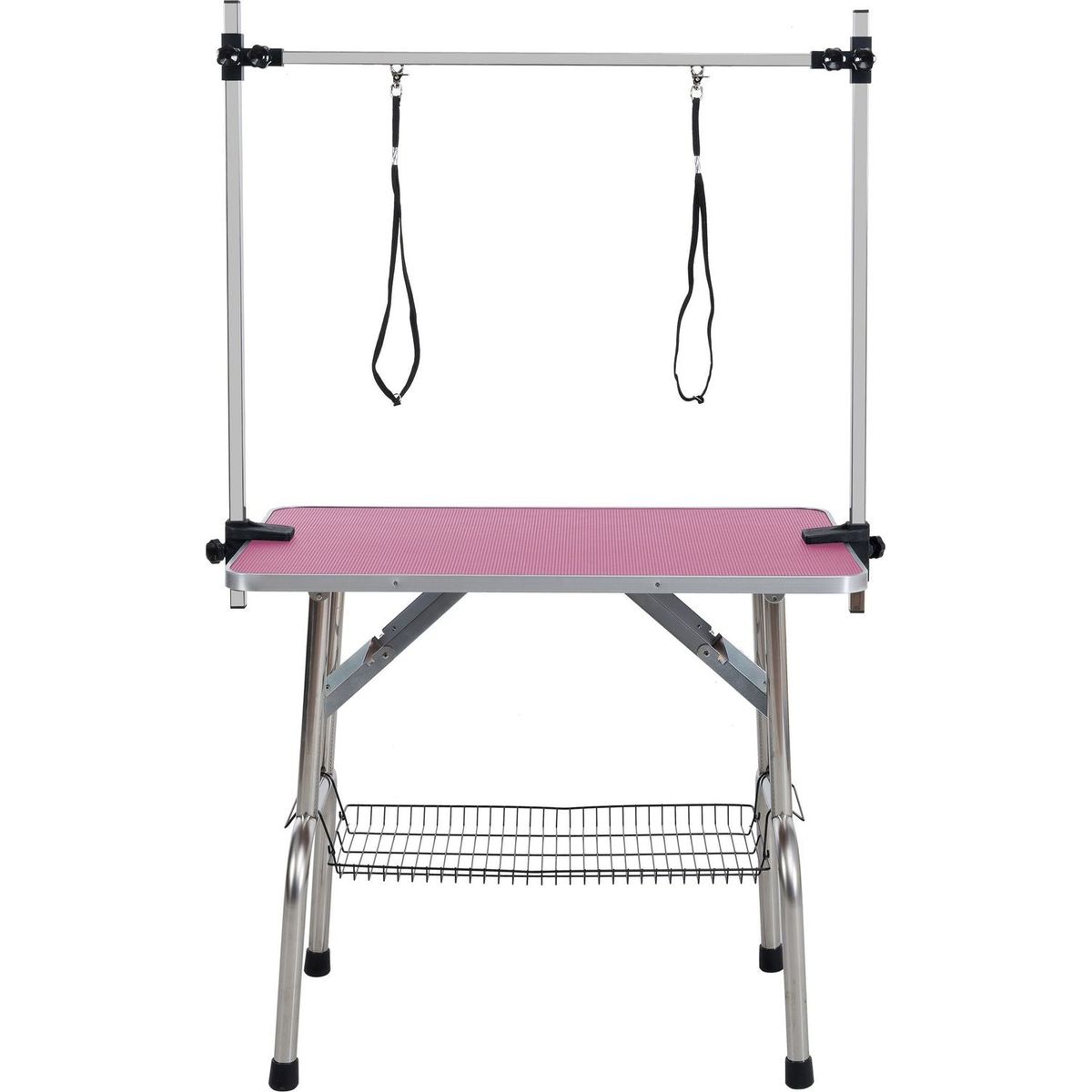 46" Folding Dog Pet Grooming Table Stainless Steel Frame Rubber Mat on Board with Adjustable Arm and Clamps pet dog Cat Grooming Table (PINK COLOR)
