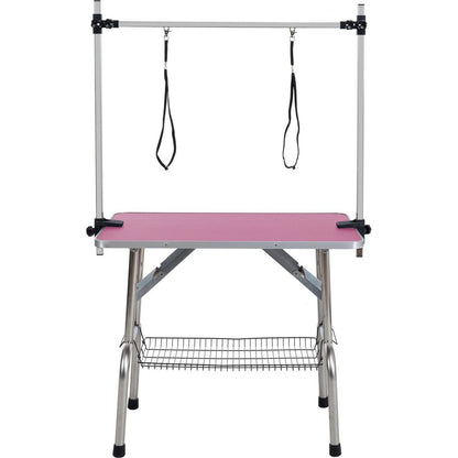 46" Folding Dog Pet Grooming Table Stainless Steel Frame Rubber Mat on Board with Adjustable Arm and Clamps pet dog Cat Grooming Table (PINK COLOR)