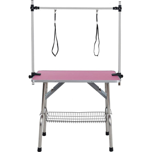 46" Folding Dog Pet Grooming Table Stainless Steel Frame Rubber Mat on Board with Adjustable Arm and Clamps pet dog Cat Grooming Table (PINK COLOR)